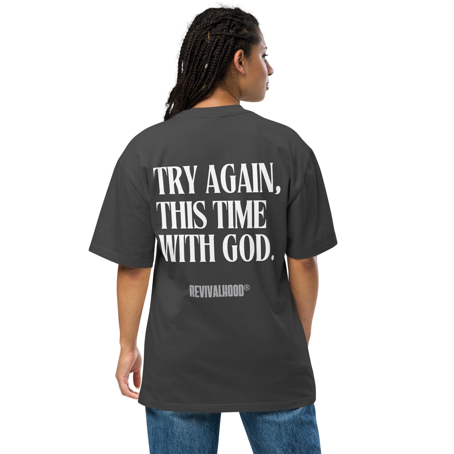 REVIVALHOOD® TRY AGAIN Oversized faded grey t-shirt (FRONT & BACK GRAPHIC)