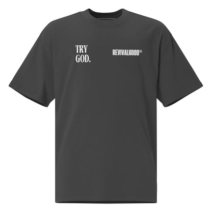 REVIVALHOOD® TRY AGAIN Oversized faded grey t-shirt (FRONT & BACK GRAPHIC)